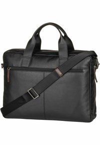 Black leather briefcase with dual handles and an adjustable shoulder strap. Features a zip closure and a front zip pocket for additional storage.