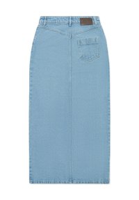 Šviesiai mėlyna džinsinė maksi sijonas su prigludusia juosmena, galiniu kišenių ir subtiliu siuvinėjimu. Lygus paviršius ir tiesi siluetas.