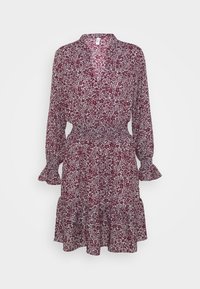 Marinblommig klänning med långa ärmar, volang nederkant och samlad midja. Har en V-ringning och spridda vita blommönster över hela.