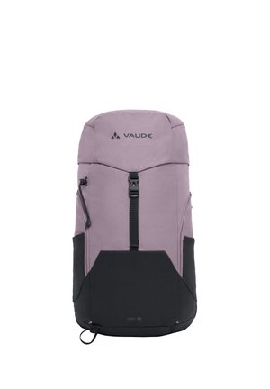 Paarse en zwarte Vaude JURA 24 rugzak met bovenvleugel, centrale gespband, zijvakjes en detaillus aan de voorkant.