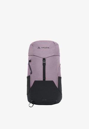 Sac à dos Vaude JURA 24 violet et noir avec rabat supérieur, sangle centrale à boucle, poches latérales et détail de boucle à l'avant.