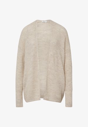 Heller beiger Cardigan mit offenem Front, der ein strukturiertes Strickmuster, lange Ärmel und gerippte Bündchen aufweist. Weiches Material sorgt für angenehmen Tragekomfort.