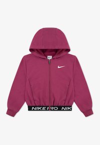 Bordeauxfarbene Zip-Hoodie aus weichem Stoff, mit Kapuze, elastischem Bund und weißem Nike-Logo auf der Brust, ausgestattet mit gerippten Bündchen.