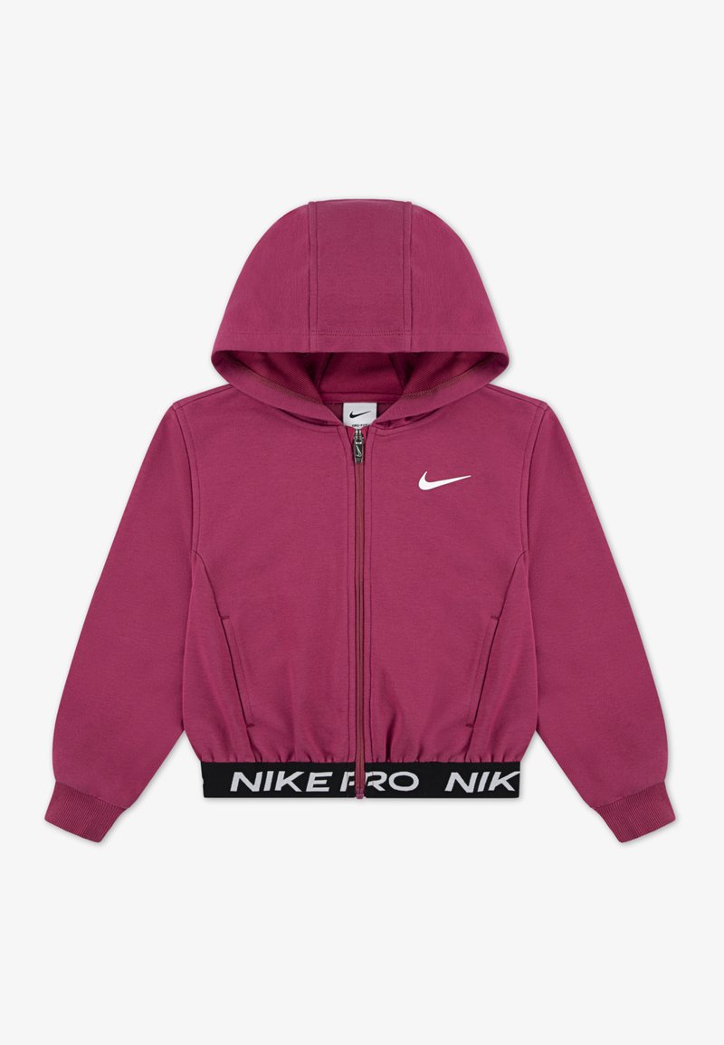 Bordeauxfarbene Zip-Hoodie aus weichem Stoff, mit Kapuze, elastischem Bund und weißem Nike-Logo auf der Brust, ausgestattet mit gerippten Bündchen.
