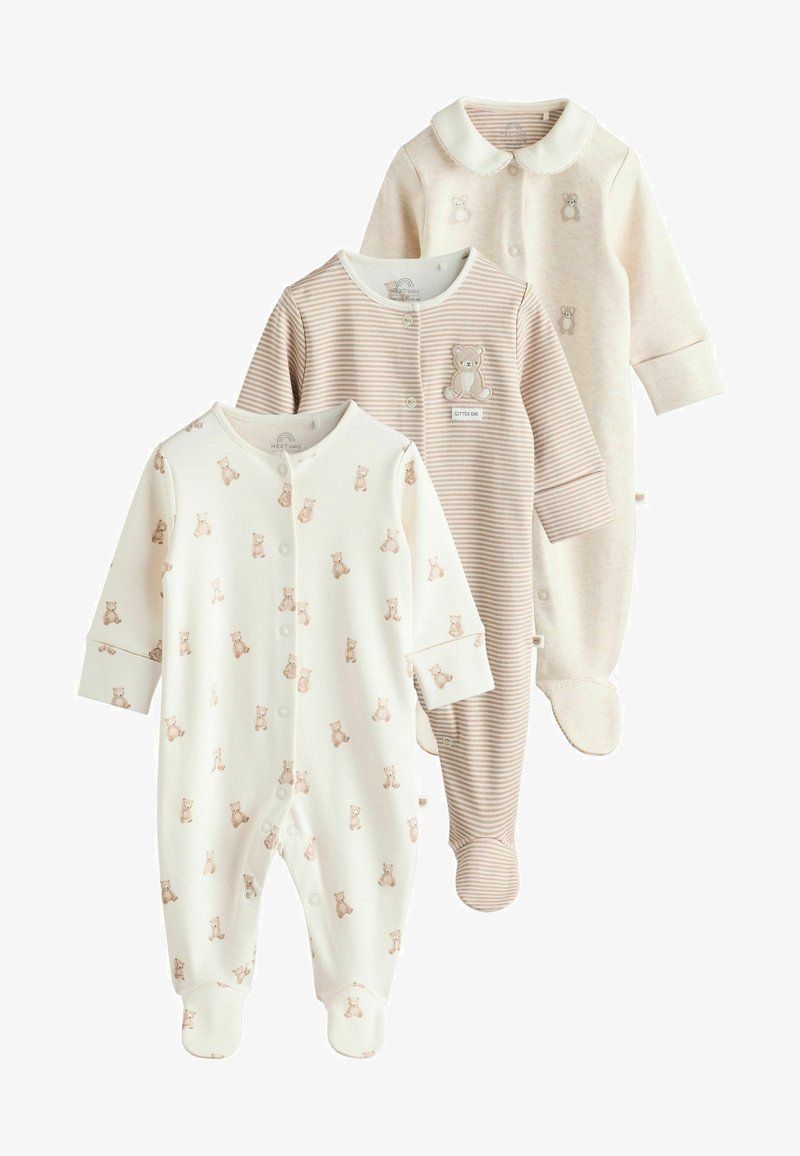Trois grenouillères pour bébé à manches longues et pieds, en beige et blanc avec des motifs d'ours en peluche et des rayures.