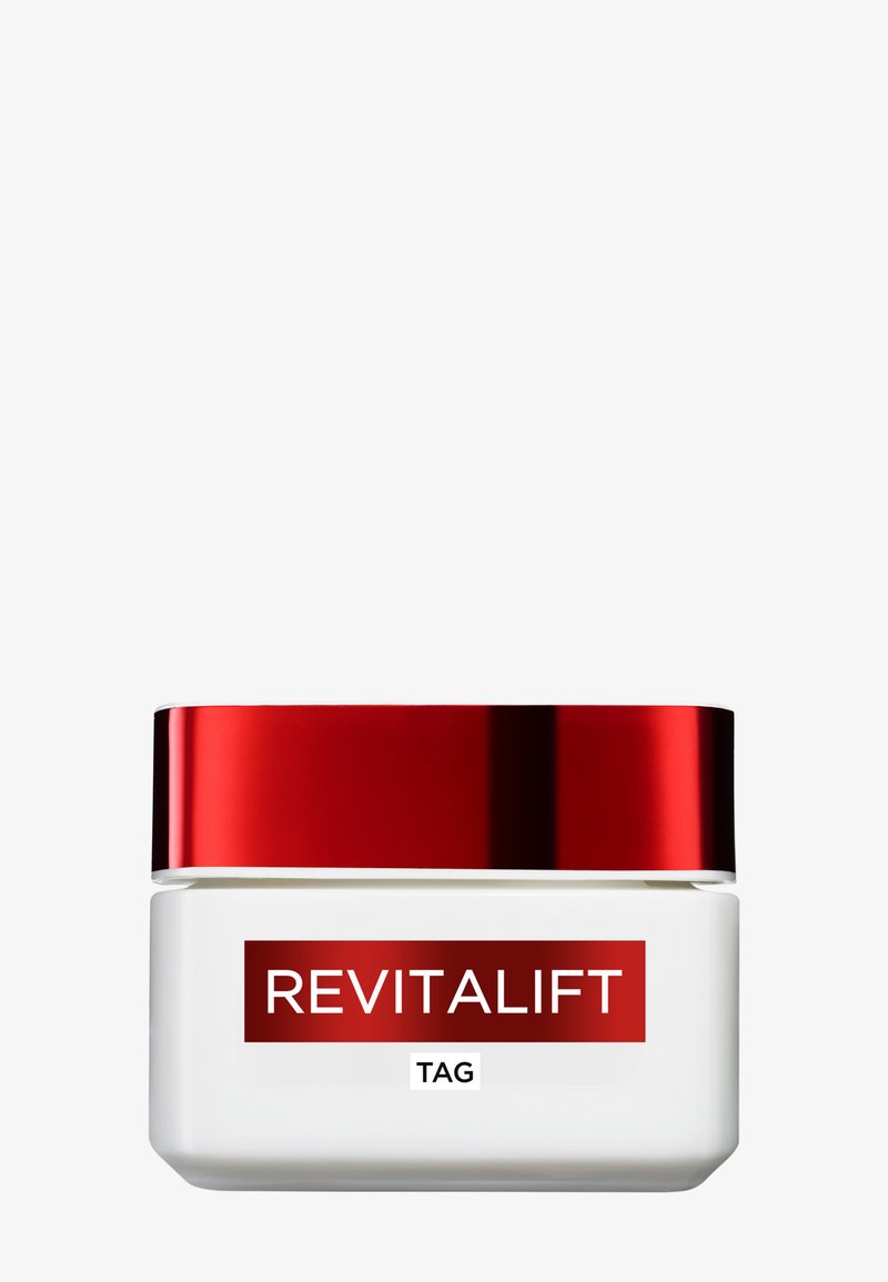 White cream jar with a red metallic lid, labeled "REVITALIFT TAG," featuring a smooth texture and rectangular shape.