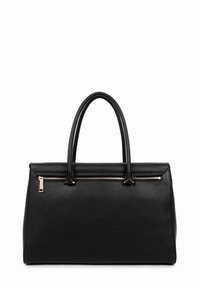 Borsa a mano in pelle nera con finitura testurizzata, dettagli in cerniera dorata, forma rettangolare e doppi manici superiori per un facile trasporto.