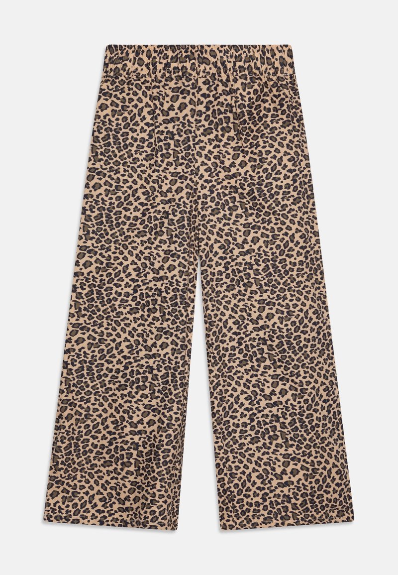 Pantalon à jambes larges avec taille élastique, présentant un motif léopard beige et noir.