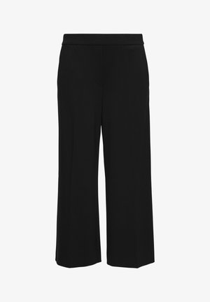 Schwarze weit geschnittene Hosen aus glattem Stoff, mit elastischem Bund und ohne sichtbare Nähte; entworfen für Komfort und Bewegungsfreiheit.