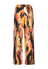 Geweven wijde broek met een elastische tailleband, met een mozaïekpatroon in tinten van oranje, geel, zwart en crème.
