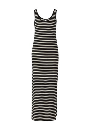 Robe maxi noire et crème à rayures avec un décolleté arrondi et sans manches, présentant une silhouette ajustée et des fentes latérales.