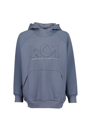 Niebieska bluza z kapturem i kieszenią z przodu oraz wypukłym logo "WCM" nad tekstem "Worldwide Community" na piersi.