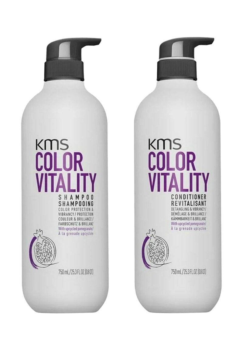 KMS Color Vitality Shampoo- und Conditioner-Flaschen, aus weißem Kunststoff mit lila Schrift, mit Pump-Dispensern und Granatapfelgrafiken. Jeweils 750 ml.