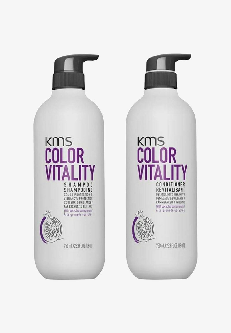 KMS Color Vitality Shampoo- und Conditioner-Flaschen, aus weißem Kunststoff mit lila Schrift, mit Pump-Dispensern und Granatapfelgrafiken. Jeweils 750 ml.