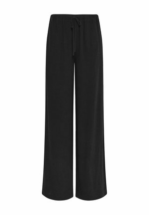 Pantaloni neri larghi con vita elastica e coulisse, vestibilità a gamba larga, mostrati su sfondo bianco.