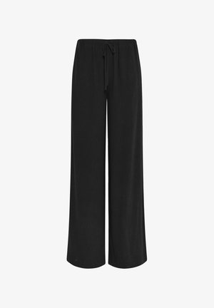 Pantaloni neri larghi con vita elastica e coulisse, vestibilità a gamba larga, mostrati su sfondo bianco.