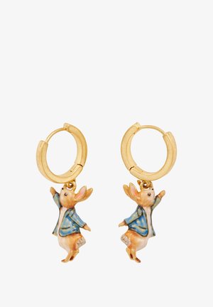 Gold hoop earrings featuring a detailed, colorful rabbit charm wearing a blue coat, with pink ears and raised arms.