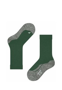 Ciemnozielone skarpetki z teksturowanym wzorem i szarymi akcentami, zaprezentowane w płaskim układzie. Na jednej skarpetce widoczny jest biały logo na kostce.
