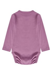 Langærmet bodystocking i blød lavendelstof. Har rund halsudskæring, buet kant og draperet detaljering i bunden. Glat tekstur.