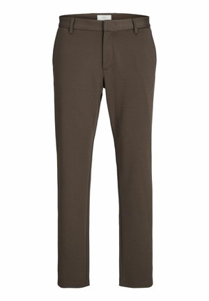 Pantaloni marroni realizzati in un tessuto liscio, caratterizzati da un design a gamba dritta, passanti per cintura e una chiusura con zip frontale e vita piatta.