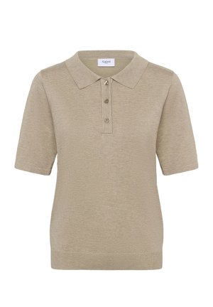 Tricou polo bej, tricotat, cu mâneci scurte, guler striat, fantecuță cu trei nasturi și tiv inferior ajustat.