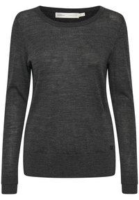 Pull femme à manches longues gris foncé avec un col rond, des poignets et un ourlet côtelés, et un petit logo brodé près de l'ourlet inférieur.