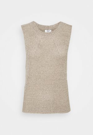 Beżowa bezrękawnikowa dzianinowa kamizelka z prążkowanym okrągłym dekoltem i fakturowanym wzorem ściegu.