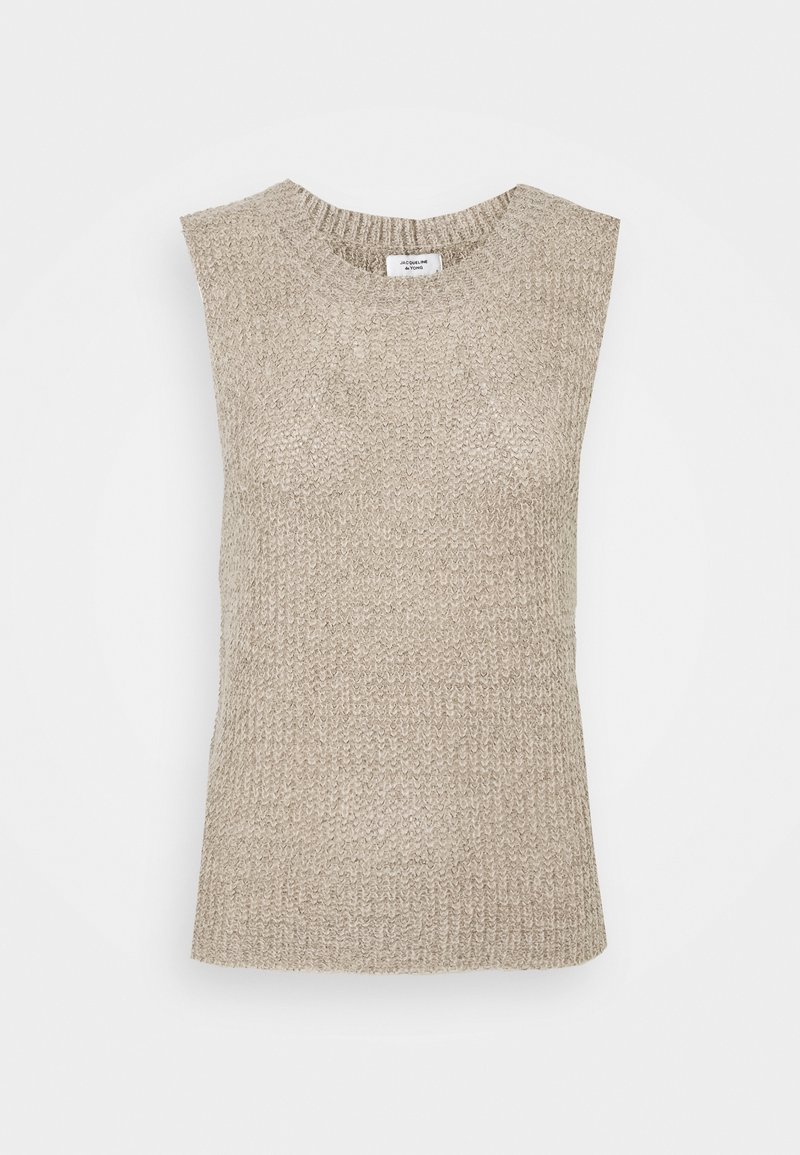 Gilet en tricot beige sans manches avec un col rond côtelé et un motif de points texturé.