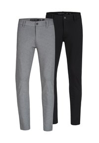 Dos pares de pantalones ajustados, uno gris oscuro y otro negro, con una textura suave, cierre de botón clásico y bolsillos.