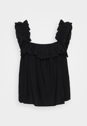 Black sleeveless top featuring ruffled shoulder straps, a loose fit, and a textured fabric with subtle layering detail around the neckline.