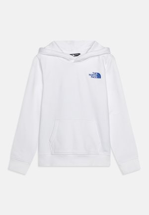 Felpa bianca in cotone con tasca a marsupio, polsini a coste e un logo blu sul lato sinistro del petto. Caratterizzata da un cappuccio con cordoncino.