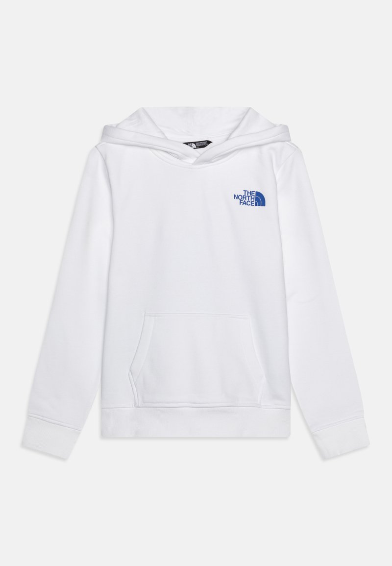 Hoodie de algodão branco com um bolso canguru, punhos canelados e um logótipo azul no lado esquerdo do peito. Apresenta um capuz com cordão.