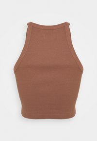Hnědá žebrovaná bezrukávová crop top, s vysokým výstřihem a obrácenými okraji, hladkou texturou a přiléhavým střihem.