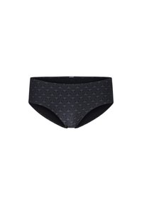 Schwarzer Bikini-Unterteil mit einem dezenten geometrischen Muster, aus elastischem Stoff mit glatter Oberfläche und mittelhohem Design.