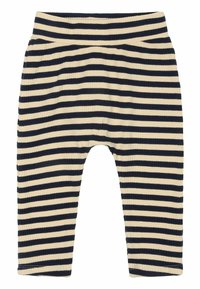 Csíkos, bordázott leggings, vízszintes tengerészkék és bézs csíkokkal, rugalmas derékkal és egyenes szabású lábakkal.