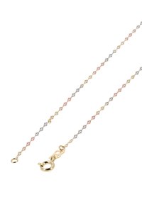 Guldsmed, sølv og rosaguld kædedesign med diamantformede led, der har en krabbe-låsesystem og en glat overflade.