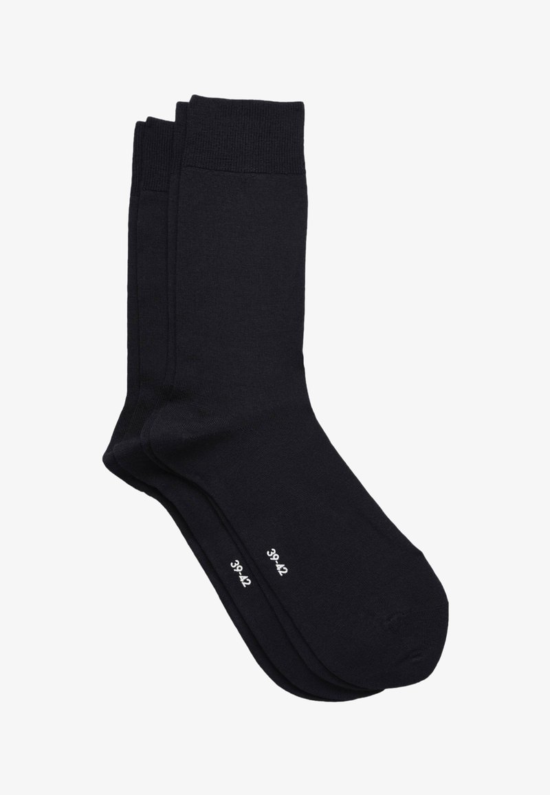 Chaussettes en coton noir avec un haut côtelé, longueur standard mi-mollet, et marquages de taille 39-42 imprimés sur le pied. Texture lisse.