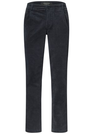 Herren Dunkelblaue Slim-Fit Hose mit Knopf- und Reißverschluss, Fronttaschen und geradem Bein.