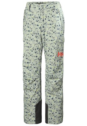 Světlé zelené lyžařské kalhoty s tečkovaným vzorem v šedé a černé barvě. Obsahují cargo kapsy a černý lem. Materiál vypadá texturovaně a odolně.