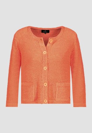 Orange knitted cardigan with a round neckline, five buttons, two front pockets, and a textured fabric. Suitable for casual wear.