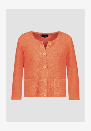 Orange knitted cardigan with a round neckline, five buttons, two front pockets, and a textured fabric. Suitable for casual wear.