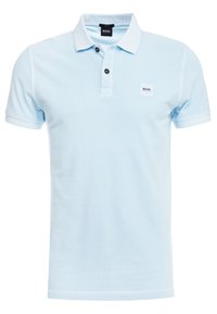 Světlomodrá slim-fit polo triko s krátkými rukávy, dvouknoflíkovou légou a malým logem "BOSS Hugo Boss" na hrudi a na štítku límce.