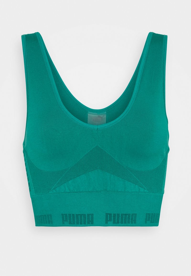 Brassière de sport sans couture couleur sarcelle avec larges bretelles, encolure arrondie, détails côtelés et bande élastique avec logo Puma répété.