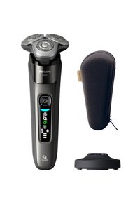 Philips scheerapparaat met drie ronde hoofden, zwart en zilverkleurig lichaam, LED-display, ergonomische grip. Inclusief een etui en een oplaadstand.