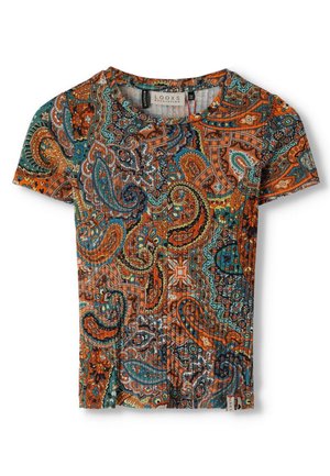 Korte mouw t-shirt in een levendige oranje, teal en zwarte paisley patroon. Zachte stof met een ronde halslijn en subtiele stiksels.