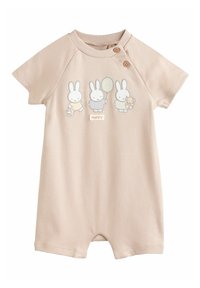 Light beige short-sleeve romper made of soft cotton featuring a printed design of three rabbits and two buttons at the shoulder for closure.