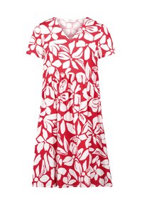 Rotes Kleid mit V-Ausschnitt, kurzen Ärmeln und einem gestuften Rock. Es hat ein weißes Blumenmuster und besteht aus leichtem Stoff.