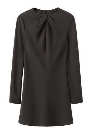 Czarna sukienka z długim rękawem, okrągłym dekoltem i marszczeniem z przodu, wykonana z gładkiej tkaniny, z ukrytym zamkiem błyskawicznym z tyłu.