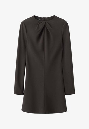 Čierne šaty s dlhým rukávom a okrúhlym výstrihom, s nariaseným detailom vpredu, vyrobené z hladkej látky, s skrytým zipsom na chrbte.