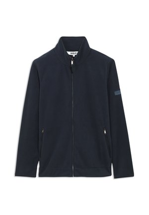 Navyblaue Fleecejacke mit hohem Kragen, Frontreißverschluss und zwei Seitentaschen. Verfügt über ein Logo-Patch am Ärmel. Weiche Textur.
